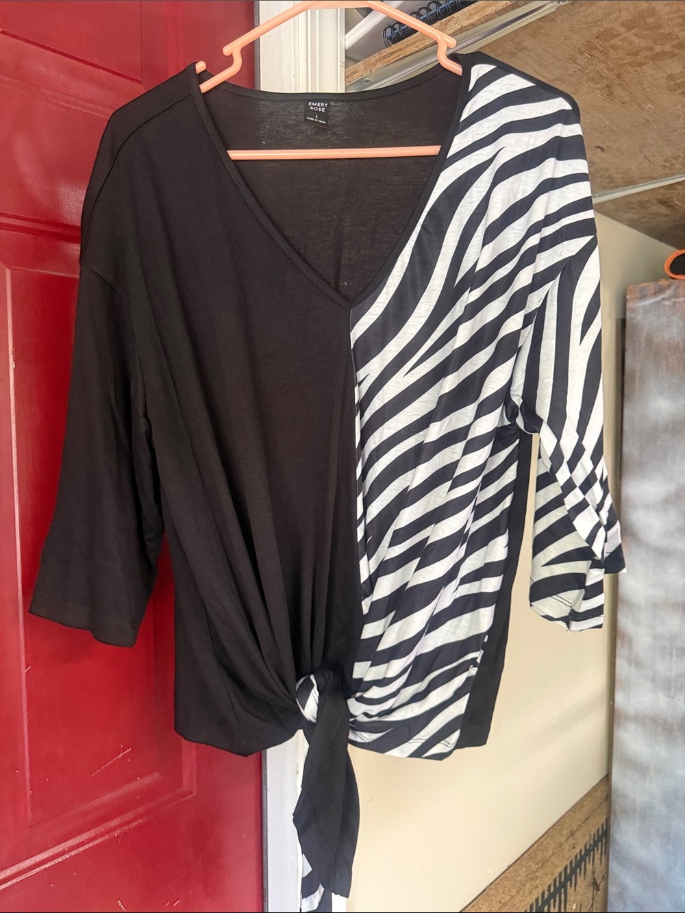 Women’s Black & White Striped Tie-Front V-Neck Tunic
